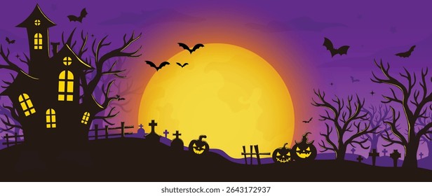 Happy Halloween background design vector. Wallpaper with spooky ghost, pumpkin, bat, moon, skull, grave, castle, tree. Illustration halloween festival for decoration, prints, website, promotion, ads.