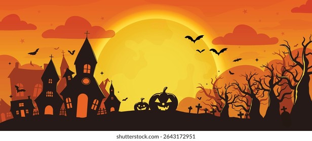 Happy Halloween background design vector. Wallpaper with spooky ghost, pumpkin, bat, moon, skull, grave, castle, tree. Illustration halloween festival for decoration, prints, website, promotion, ads.