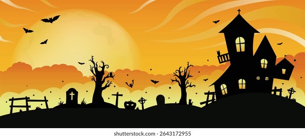 Happy Halloween background design vector. Wallpaper with spooky ghost, pumpkin, bat, moon, skull, grave, castle, tree. Illustration halloween festival for decoration, prints, website, promotion, ads.