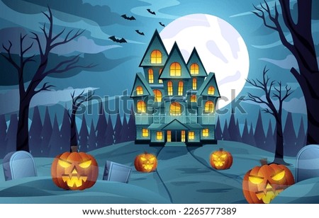 Happy Halloween background design vector with graveyard, glowing pumpkin lantern, scary castle in the spooky jungle under the moonlight.