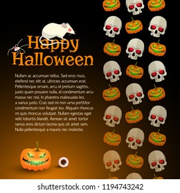 Happy halloween background designed by ornament with skulls and pumpkins faces cartoon elements flat vector illustration
