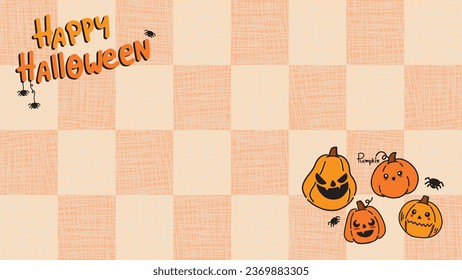 Happy halloween background. Doodle cute hand drawing pumpkins character on orange checkered pattern. Seamless graphic for holiday season. Vector for template, pattern, decoration, card, website.