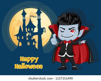 Happy Halloween. Background with Dracula Vampire castle and moon. Vector illustration.