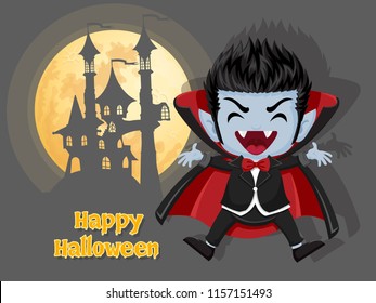 Happy Halloween. Background with Dracula Vampire castle and moon. Vector illustration.