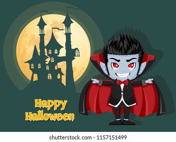 Happy Halloween. Background with Dracula Vampire castle and moon. Vector illustration.