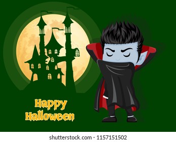 Happy Halloween. Background with Dracula Vampire castle and moon. Vector illustration.