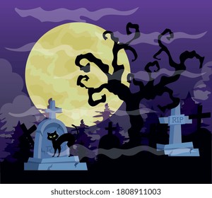 happy halloween background with dry tree, cat, tombstones cemetery and full moon vector illustration design