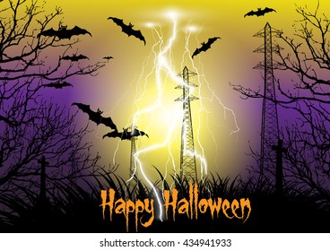 Happy Halloween background with electricity pylon silhouette with thunder storm, cross, dead tree, bats