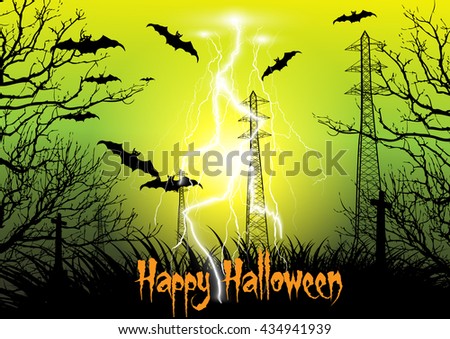 Happy Halloween background with electricity pylon silhouette with thunder storm, cross, dead tree, bats