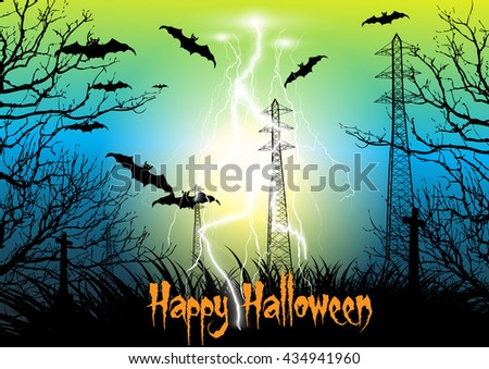 Happy Halloween background with electricity pylon silhouette with thunder storm, cross, dead tree, bats