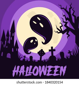 Happy Halloween background with Halloween elements, castle, graves, cemetery and ghosts. Halloween party poster. Vector