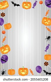Happy Halloween background with halloween elements, funny pumpkins, spiders, flying bats, scary balloons and candies. Vector illustration. Greeting card for party and sale with place for text. 