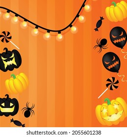 Happy Halloween background with halloween elements, funny pumpkins, spiders, flying bats, scary balloons and candies. Vector illustration. Greeting card for party and sale with place for text. 