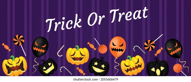 Happy Halloween background with halloween elements, funny pumpkins, spiders, flying bats, scary balloons and candies. Vector illustration. Greeting card for party and sale.