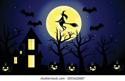 Happy Halloween background with halloween elements. Halloween background with funny pumkin, scary witch, Full moon in the sky, spiders web and flying bats.
Vector illustration.