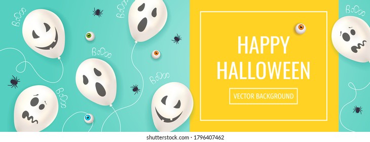 Frohe Halloween-Hintergrund mit Halloween-Elementen. Geisterballons, Spinnen, Augen. Vektorgrafik für Poster, Banner, Einladung, Karte, Sonderangebot.