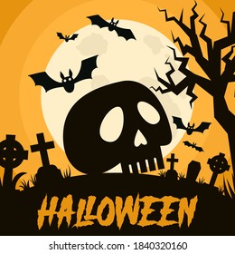 Happy Halloween background with Halloween elements, graves, cemetery and skull. Halloween party poster. Vector