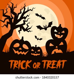 Happy Halloween background with Halloween elements, moon, pumpkins, bats and place for text. Halloween party poster. Vector