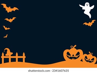 Happy Halloween background with empty space surrounded by bats, ghosts, pumpkins, fences and witch hats. Party invitation vector illustration on orange background