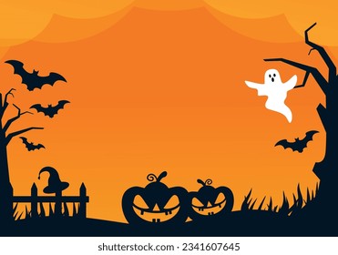 Happy Halloween background with empty space surrounded by bats, ghosts, pumpkins, fences and witch hats. Party invitation vector illustration on orange background