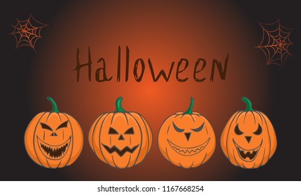 Happy Halloween background. Evil pumpkins and cobwebs on dark background. Hand drawing. Vector illustration.