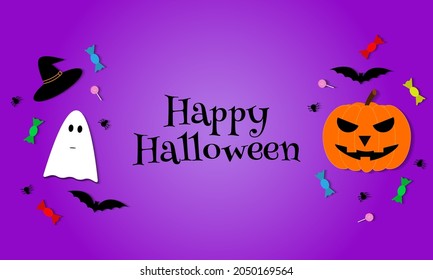 Happy Halloween background. Festive design with pumpkin, ghost, switch hat, spiders, bats, sweets, lollipops on violet background. Cartoon vector illustration. For banner, poster, greeting card