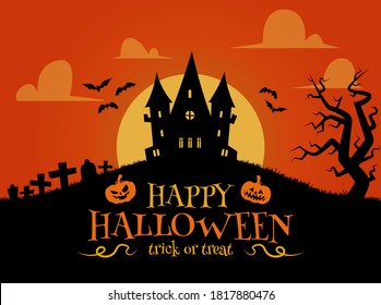Happy Halloween background in flat design. Haunted house, headstones and bats silhouettes