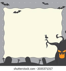 Happy Halloween Background of flat vectors. Cartoon design. Poster, memo pad, to do list, post it, pumpkin, which and grave.