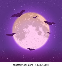 Happy Halloween background, full moon and bats on night sky, vector illustration