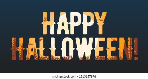 Happy Halloween background. Full moon, grass, trees and bats . Cartoon vector illustration