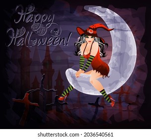 Happy halloween background with full moon and young witch, vector illustration	