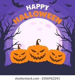 Happy halloween background with full moon, three scary pumpkin, tree silhouette and bats in flat style. Vector illustration halloween for poster, flyer, greeting card and social media.