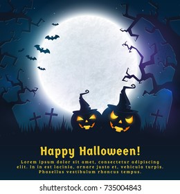 Happy Halloween! Background with full moon, scary trees and funny pumpkins. Spooky night. Banner with copy space for greetings, promo text or invitation to a party. Vector illustration.