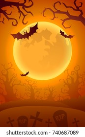 Happy Halloween Background. Full Moon and Terrible Trees. Scary silhouette of Halloween trees - vector illustration.