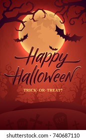 Happy Halloween Background. Full Moon and Terrible Trees. Scary silhouette of Halloween trees - vector illustration.