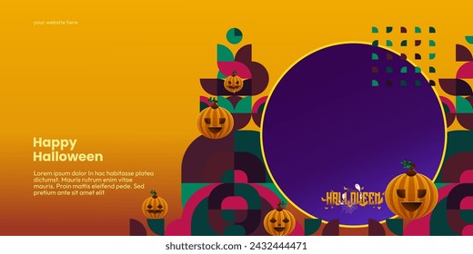 Happy Halloween background in geometric style. Happy Halloween cover with pumpkins, spider webs and typography. Suitable for posters, greeting cards and party invitations for Halloween celebrations