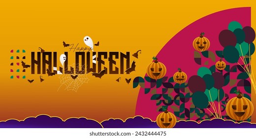 Happy Halloween background in geometric style. Happy Halloween cover with pumpkins, spider webs and typography. Suitable for posters, greeting cards and party invitations for Halloween celebrations