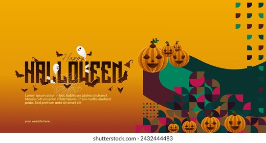 Happy Halloween background in geometric style. Happy Halloween cover with pumpkins, spider webs and typography. Suitable for posters, greeting cards and party invitations for Halloween celebrations