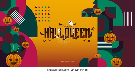 Happy Halloween background in geometric style. Happy Halloween cover with pumpkins, spider webs and typography. Suitable for posters, greeting cards and party invitations for Halloween celebrations