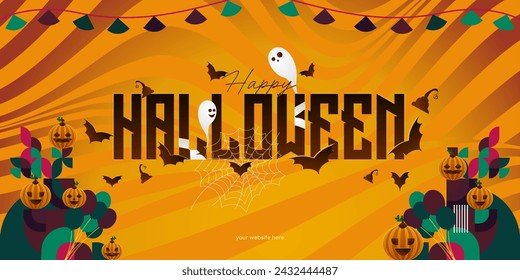 Happy Halloween background in geometric style. Happy Halloween cover with pumpkins, spider webs and typography. Suitable for posters, greeting cards and party invitations for Halloween celebrations