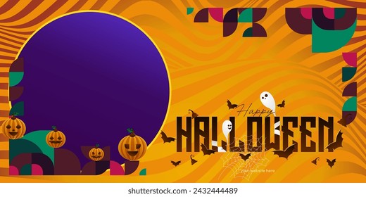 Happy Halloween background in geometric style. Happy Halloween cover with pumpkins, spider webs and typography. Suitable for posters, greeting cards and party invitations for Halloween celebrations