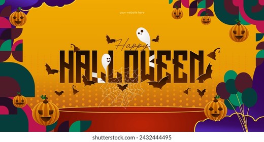 Happy Halloween background in geometric style. Happy Halloween cover with pumpkins, spider webs and typography. Suitable for posters, greeting cards and party invitations for Halloween celebrations