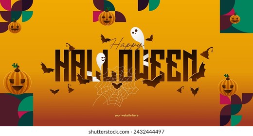 Happy Halloween background in geometric style. Happy Halloween cover with pumpkins, spider webs and typography. Suitable for posters, greeting cards and party invitations for Halloween celebrations
