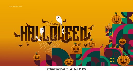 Happy Halloween background in geometric style. Happy Halloween cover with pumpkins, spider webs and typography. Suitable for posters, greeting cards and party invitations for Halloween celebrations
