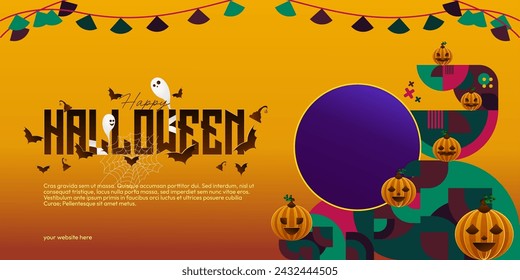Happy Halloween background in geometric style. Happy Halloween cover with pumpkins, spider webs and typography. Suitable for posters, greeting cards and party invitations for Halloween celebrations