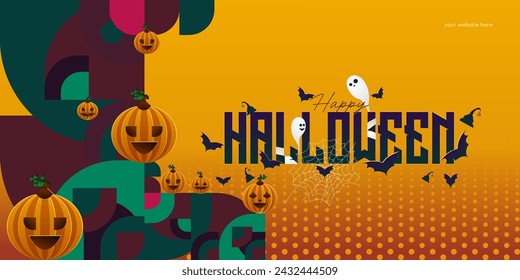 Happy Halloween background in geometric style. Happy Halloween cover with pumpkins, spider webs and typography. Suitable for posters, greeting cards and party invitations for Halloween celebrations