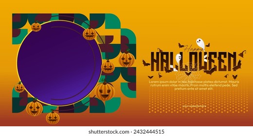 Happy Halloween background in geometric style. Happy Halloween cover with pumpkins, spider webs and typography. Suitable for posters, greeting cards and party invitations for Halloween celebrations