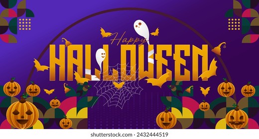 Happy Halloween background in geometric style. Happy Halloween cover with pumpkins, spider webs and typography. Suitable for posters, greeting cards and party invitations for Halloween celebrations