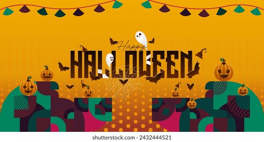 Happy Halloween background in geometric style. Happy Halloween cover with pumpkins, spider webs and typography. Suitable for posters, greeting cards and party invitations for Halloween celebrations