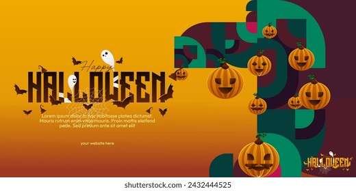 Happy Halloween background in geometric style. Happy Halloween cover with pumpkins, spider webs and typography. Suitable for posters, greeting cards and party invitations for Halloween celebrations